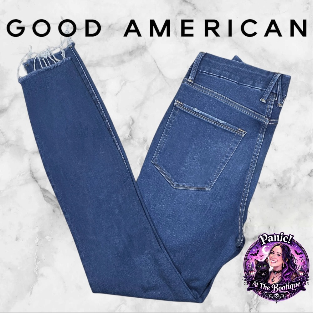 Good American Good Waist‎ Skinny Jeans Women 6/28 Dark Wash Raw Hem Stretch Chic